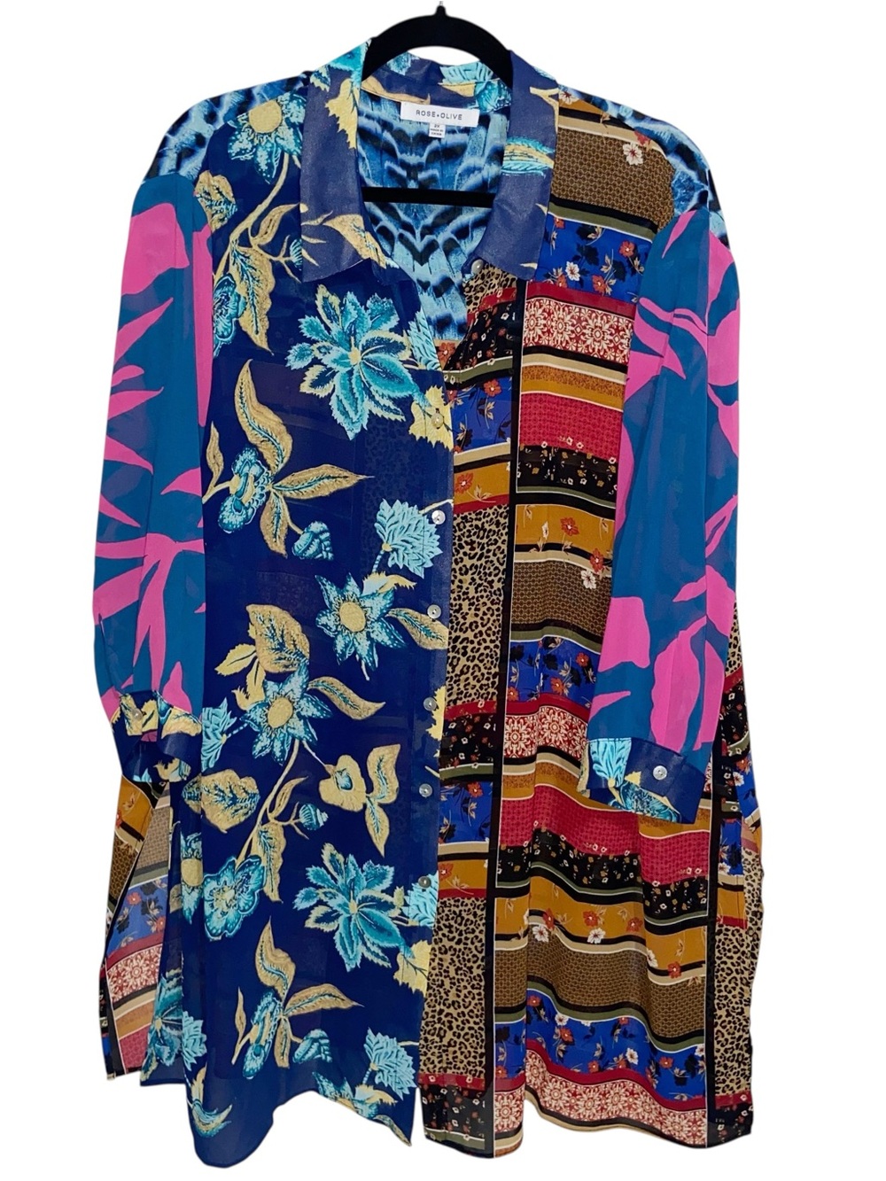 Rose & Olive Top Women Plus Size 2X Shirt Button Long Tunic Patchwork Chiffon